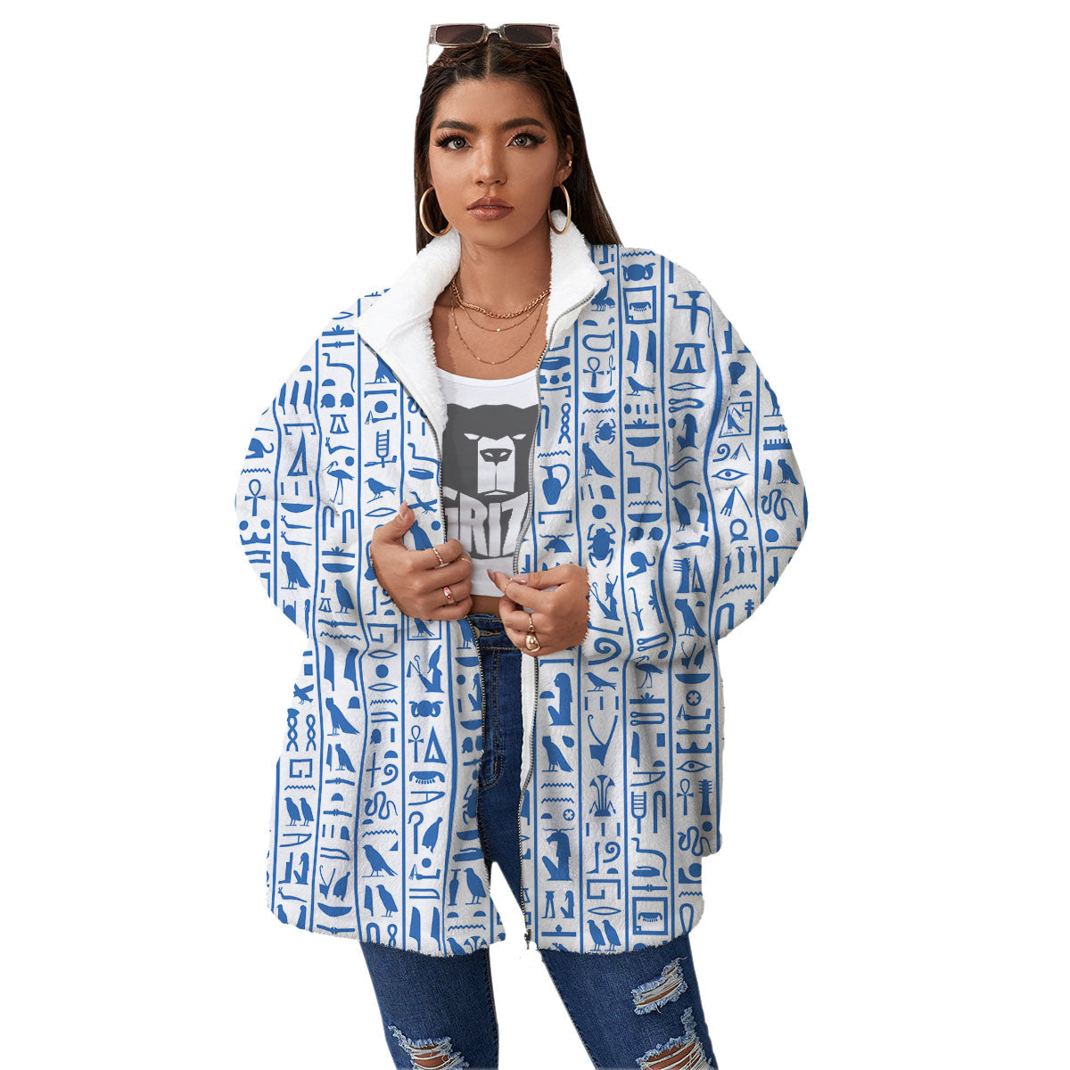 Hieroglyphs Egypt Print Pattern Women's Sherpa Jacket-grizzshop