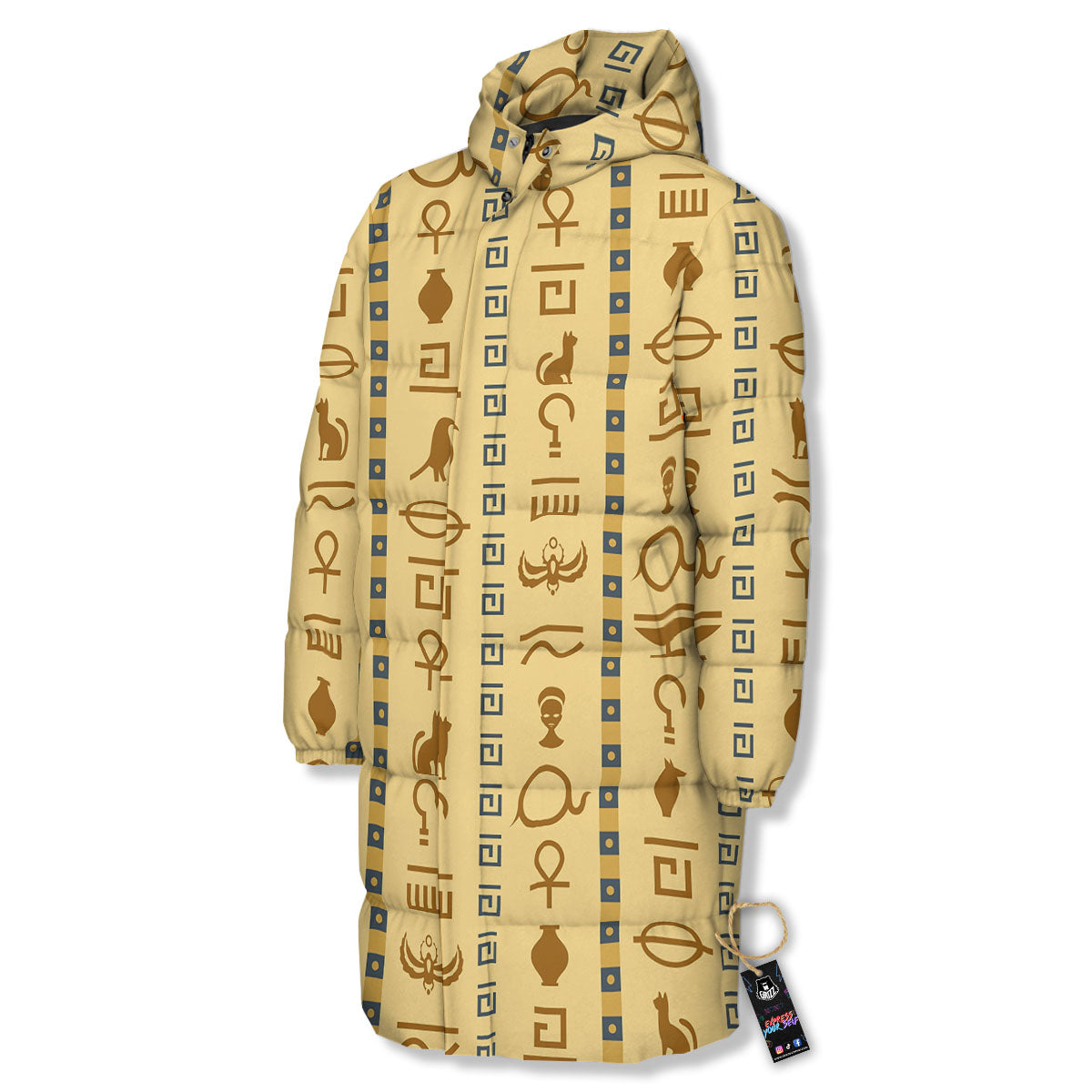 Hieroglyphs Egyptian Print Long Down Jacket-grizzshop