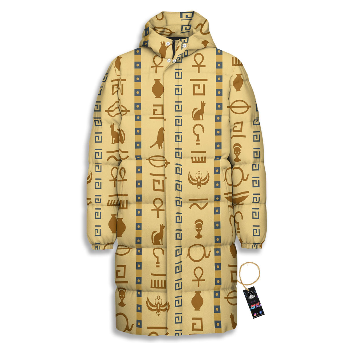 Hieroglyphs Egyptian Print Long Down Jacket-grizzshop