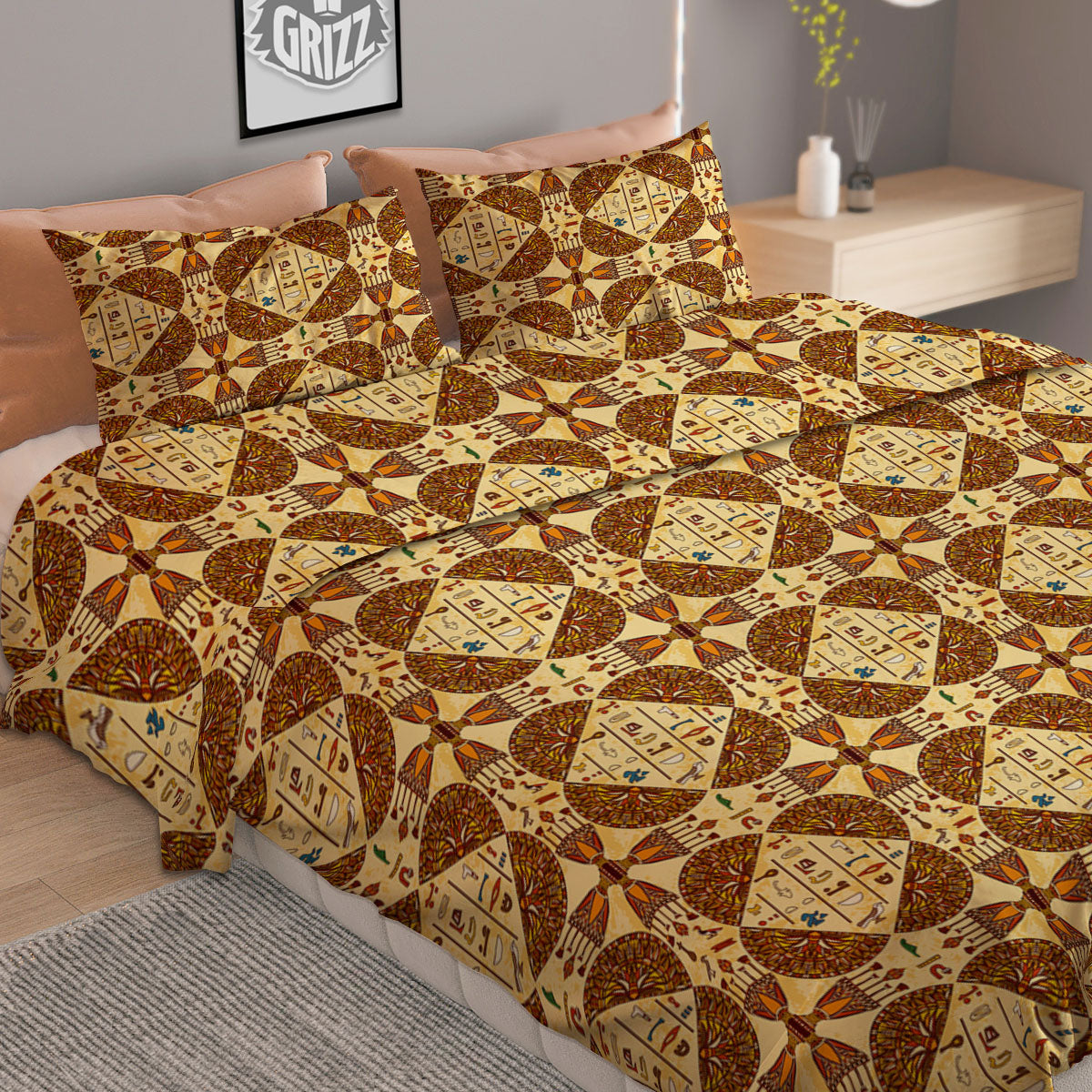 Hieroglyphs Egyptian Print Pattern Duvet Cover Bedding Set