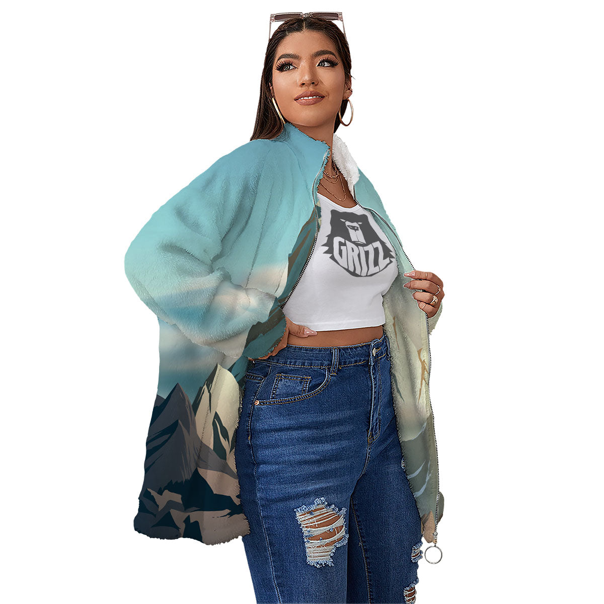 High Mountain Print Women's Sherpa Jacket-grizzshop