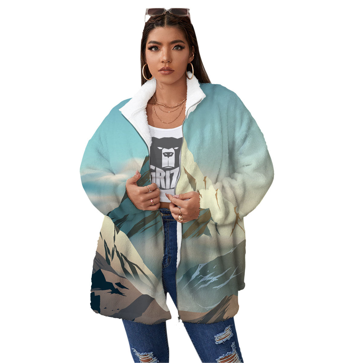 High Mountain Print Women's Sherpa Jacket-grizzshop