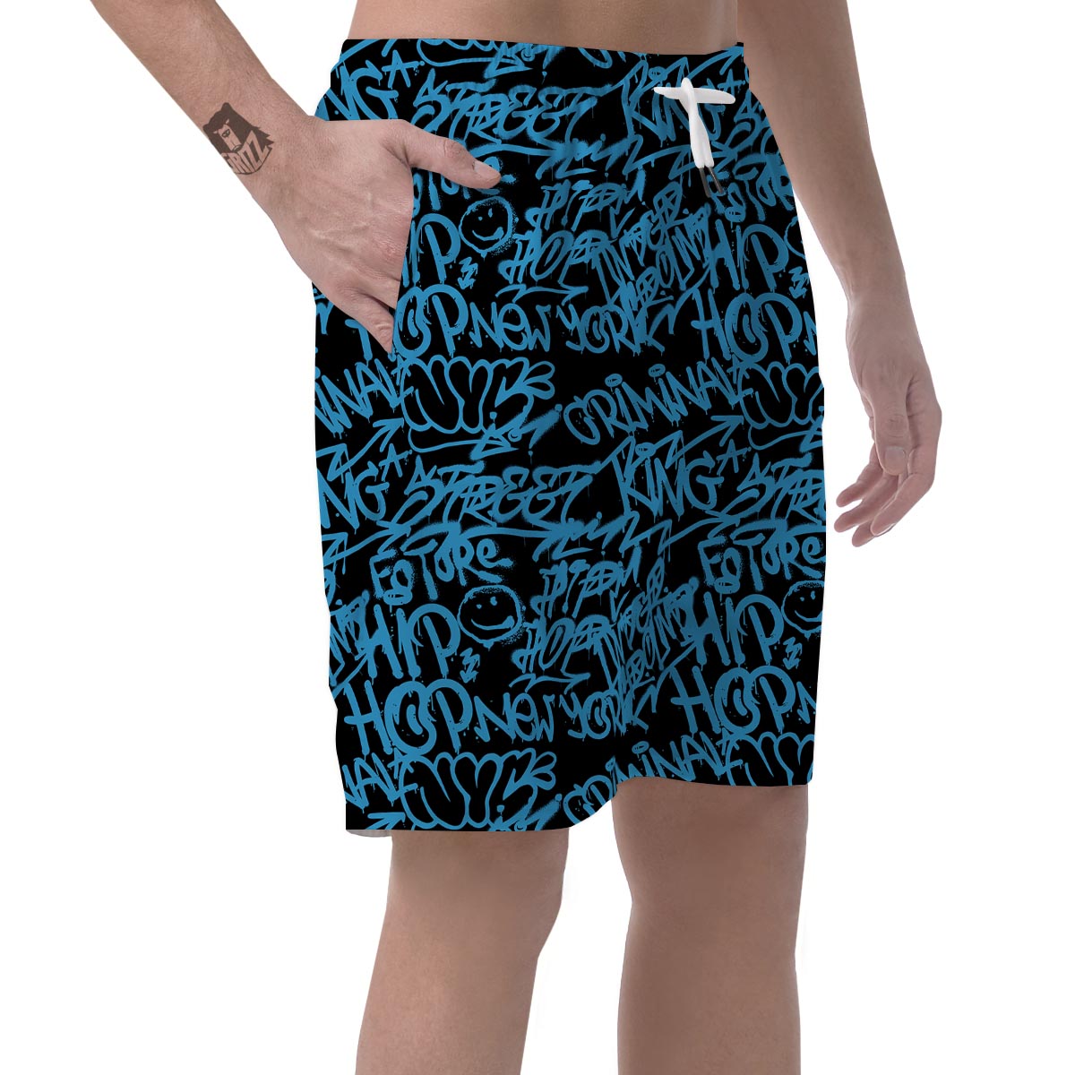 Hiphop Graffiti Blue Text Print Men's Shorts-grizzshop