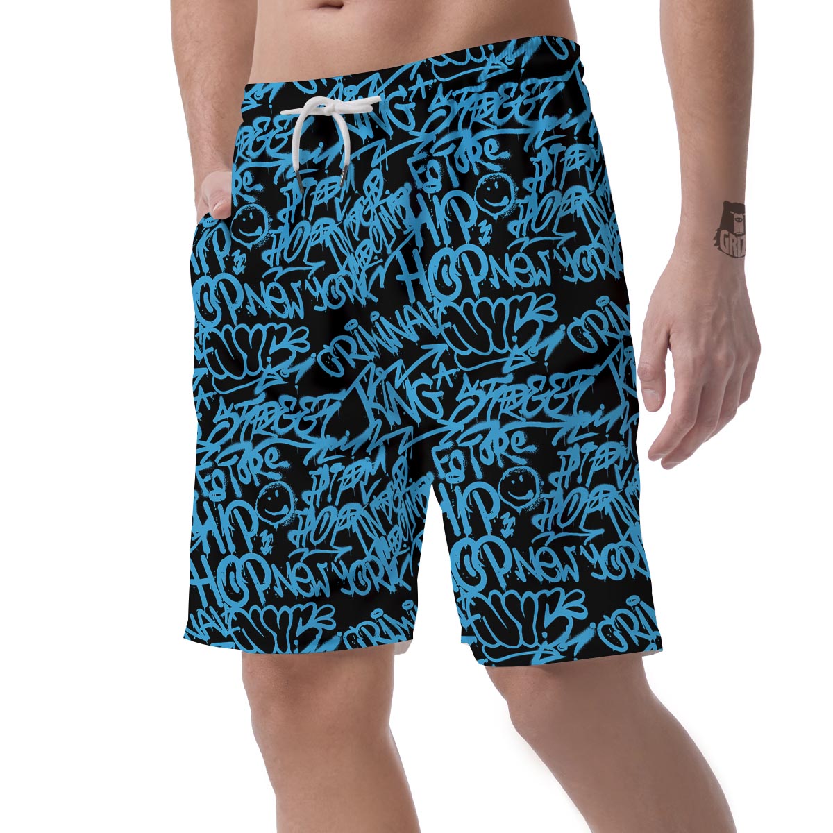 Hiphop Graffiti Blue Text Print Men's Shorts-grizzshop