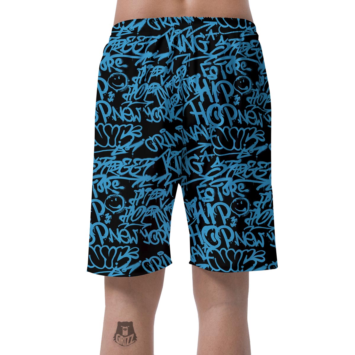 Hiphop Graffiti Blue Text Print Men's Shorts-grizzshop