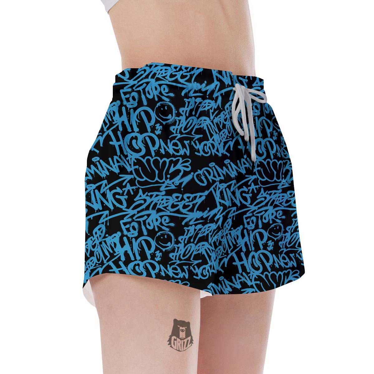 Hiphop Graffiti Blue Text Print Women's Shorts-grizzshop