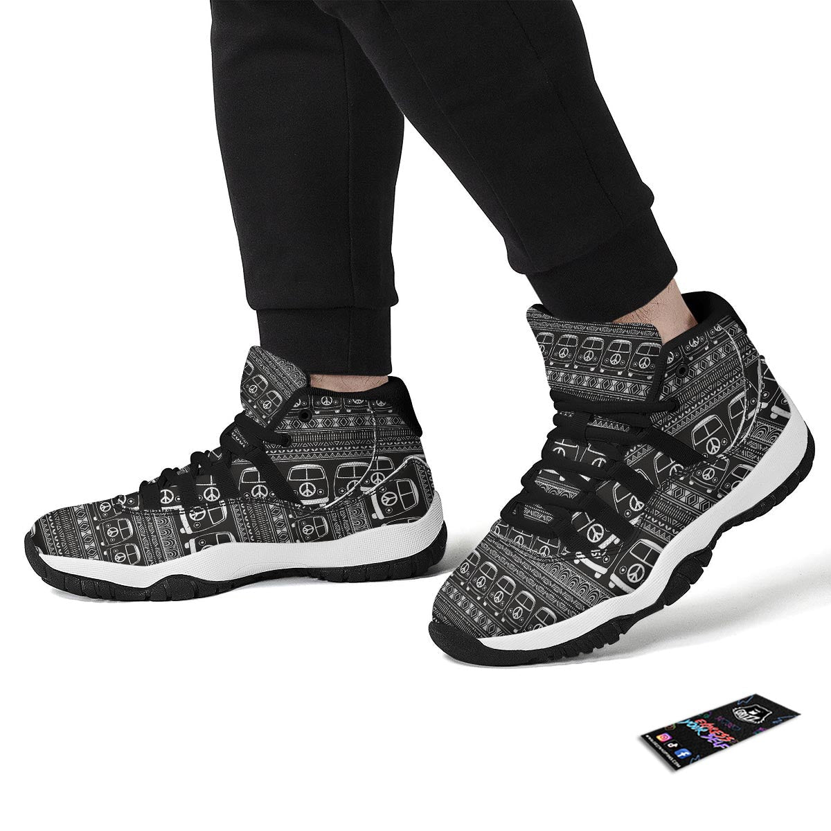 Hippie Aztec Van Peace Sign Pattern Print Black Bball Shoes-grizzshop