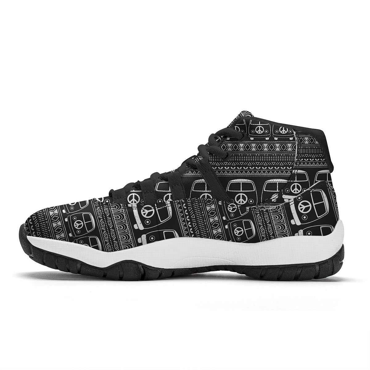 Hippie Aztec Van Peace Sign Pattern Print Black Bball Shoes-grizzshop
