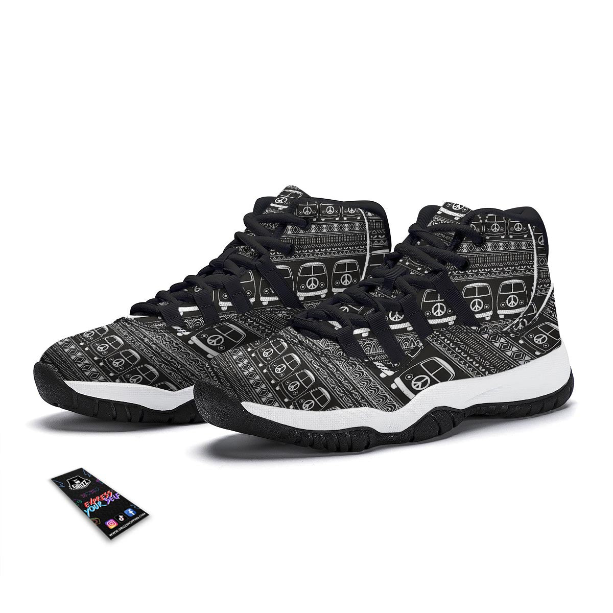 Hippie Aztec Van Peace Sign Pattern Print Black Bball Shoes-grizzshop