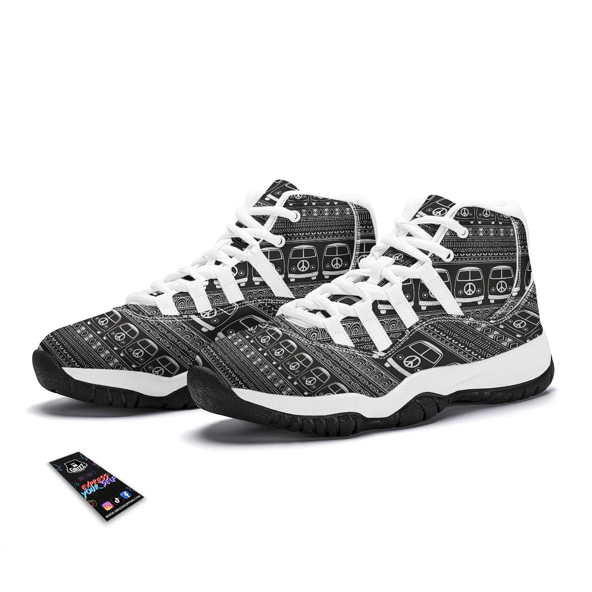 Hippie Aztec Van Peace Sign Pattern Print White Bball Shoes-grizzshop