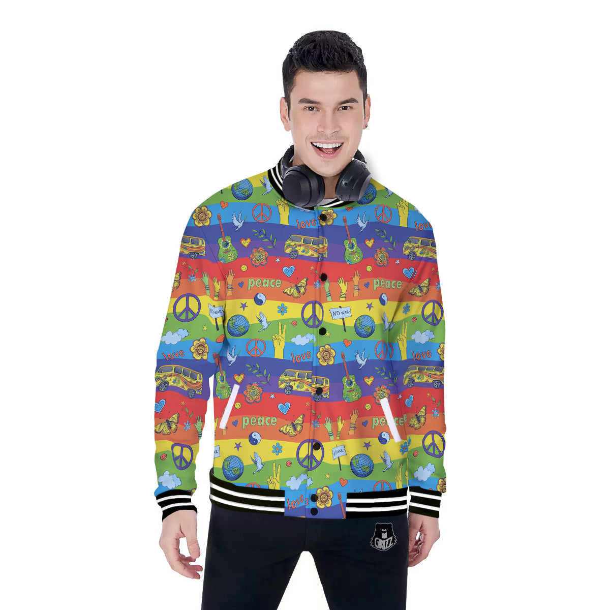 Hippie Drawing Psychedelic Wave Print Pattern Baseball Jacket-grizzshop
