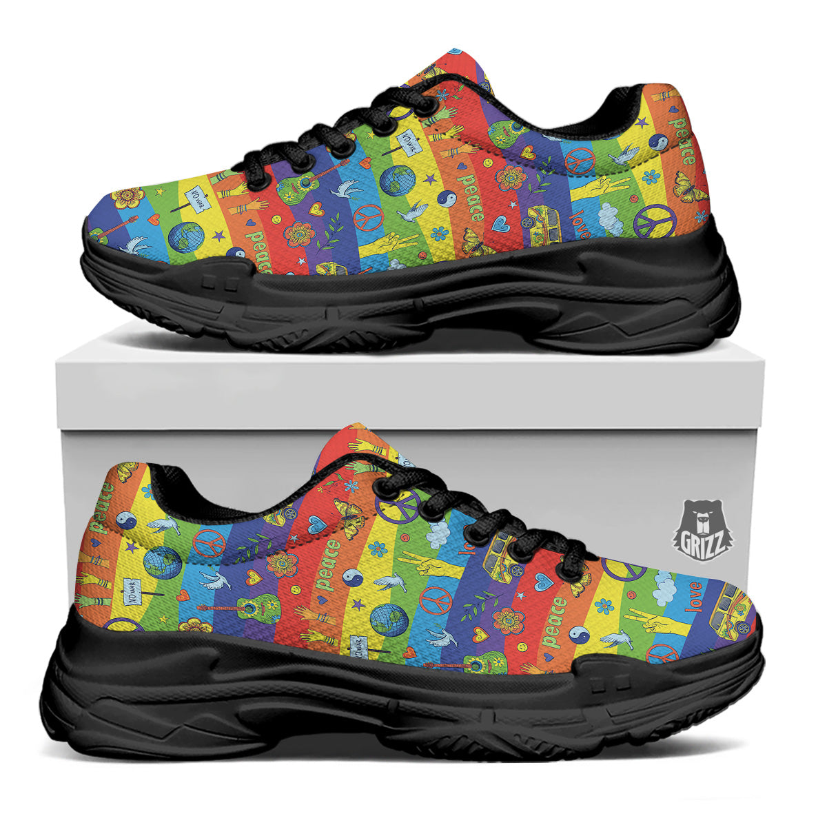 Hippie Drawing Psychedelic Wave Print Pattern Black Chunky Shoes-grizzshop