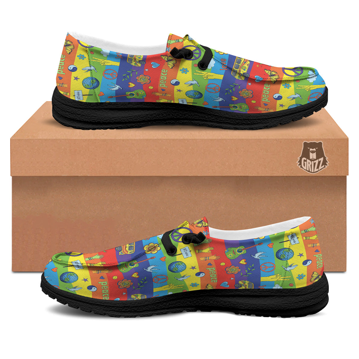 Hippie Drawing Psychedelic Wave Print Pattern Black Loafers-grizzshop