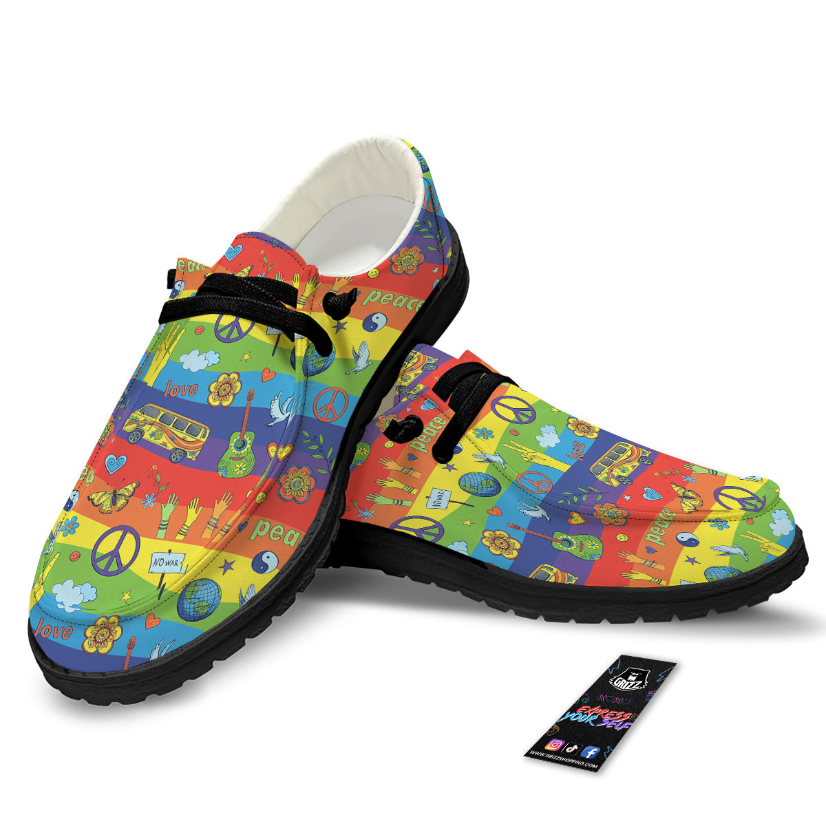 Hippie Drawing Psychedelic Wave Print Pattern Black Loafers-grizzshop