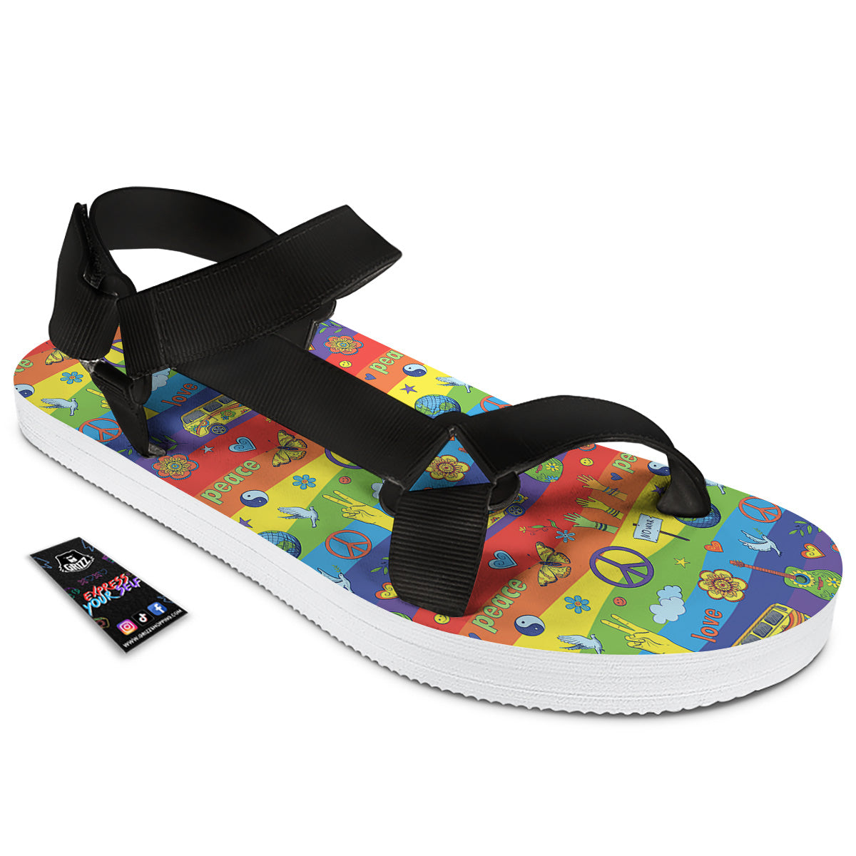 Hippie Drawing Psychedelic Wave Print Pattern Black Open Toe Sandals-grizzshop