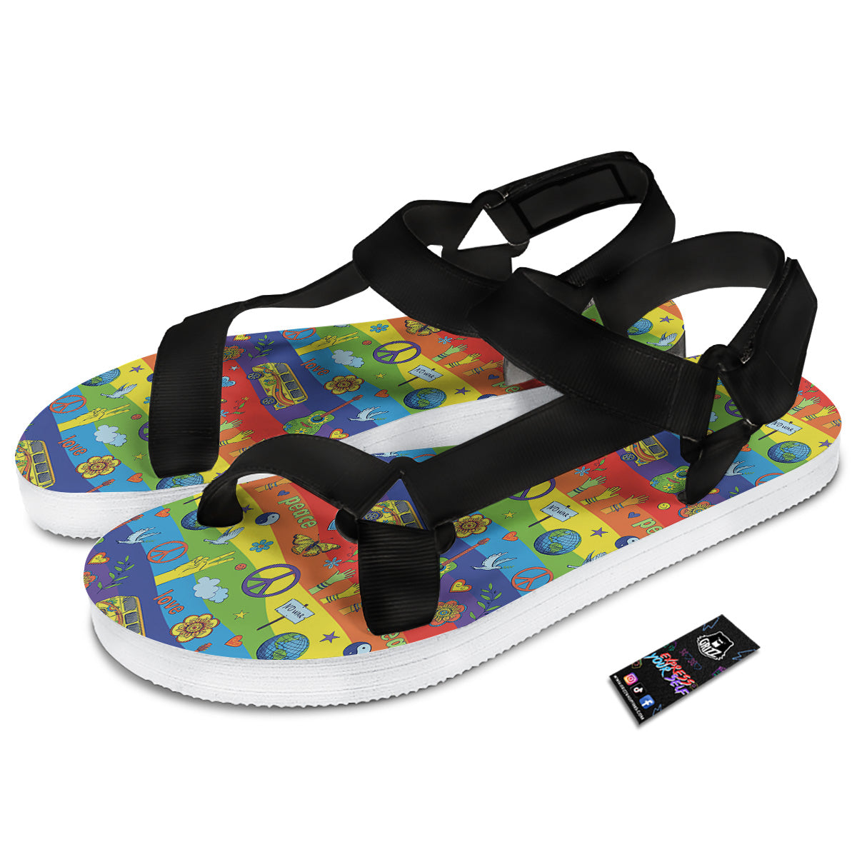 Hippie Drawing Psychedelic Wave Print Pattern Black Open Toe Sandals-grizzshop