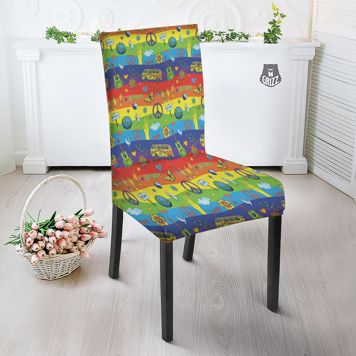 Hippie Drawing Psychedelic Wave Print Pattern Dining Chair Slipcover-grizzshop