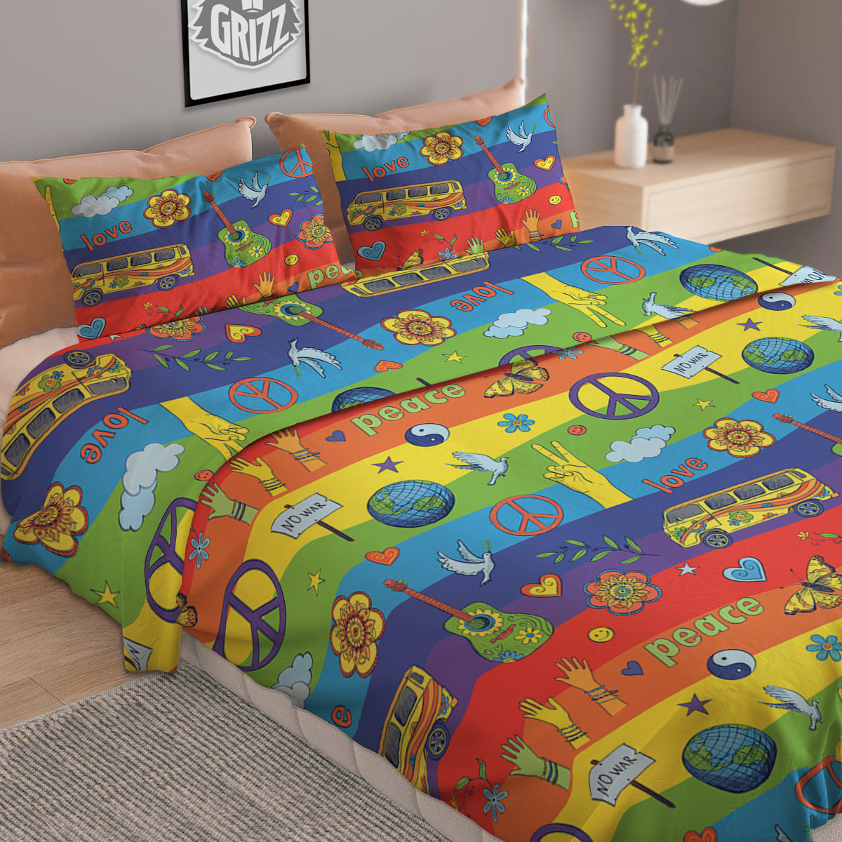 Hippie Drawing Psychedelic Wave Print Pattern Duvet Cover Bedding Set