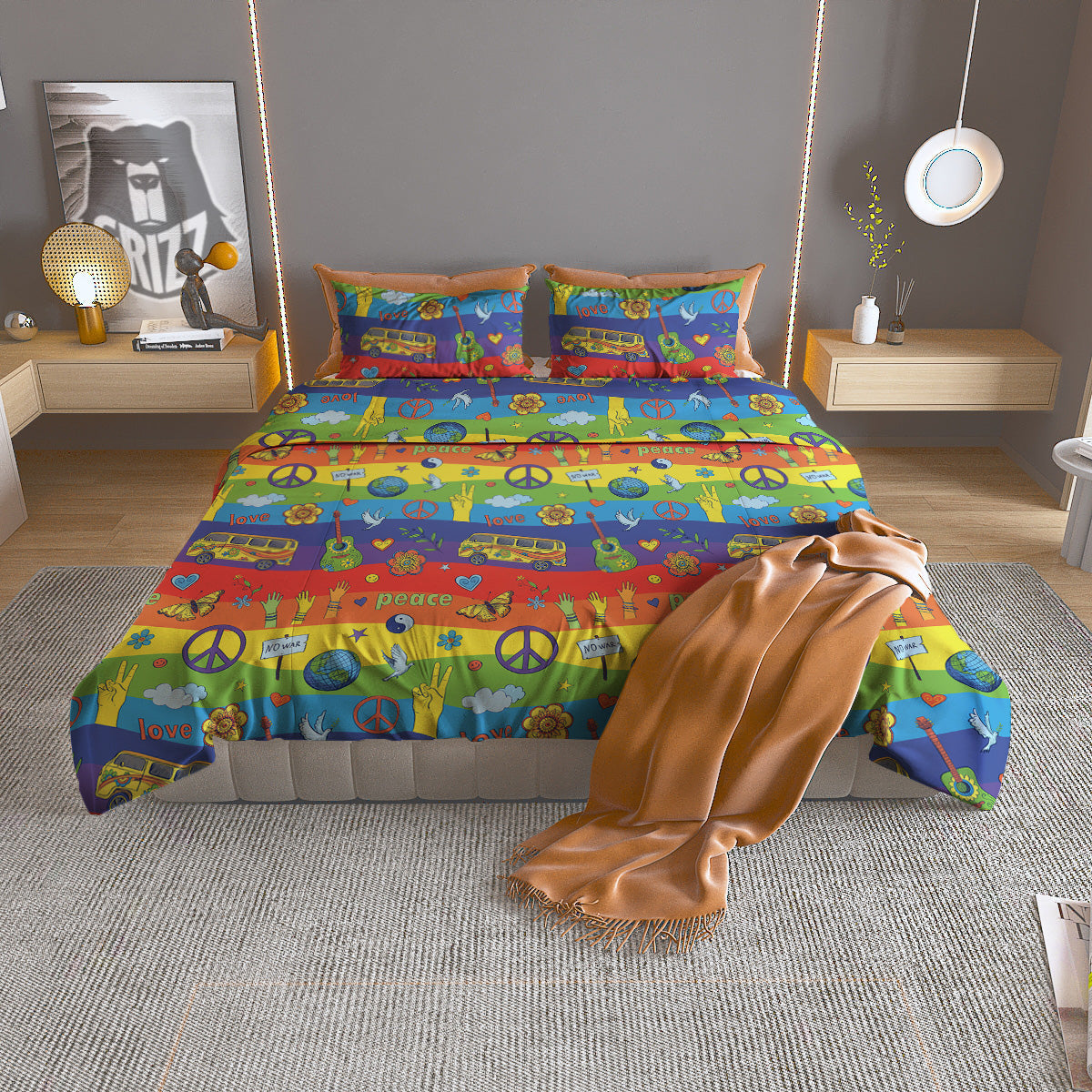 Hippie Drawing Psychedelic Wave Print Pattern Duvet Cover Bedding Set