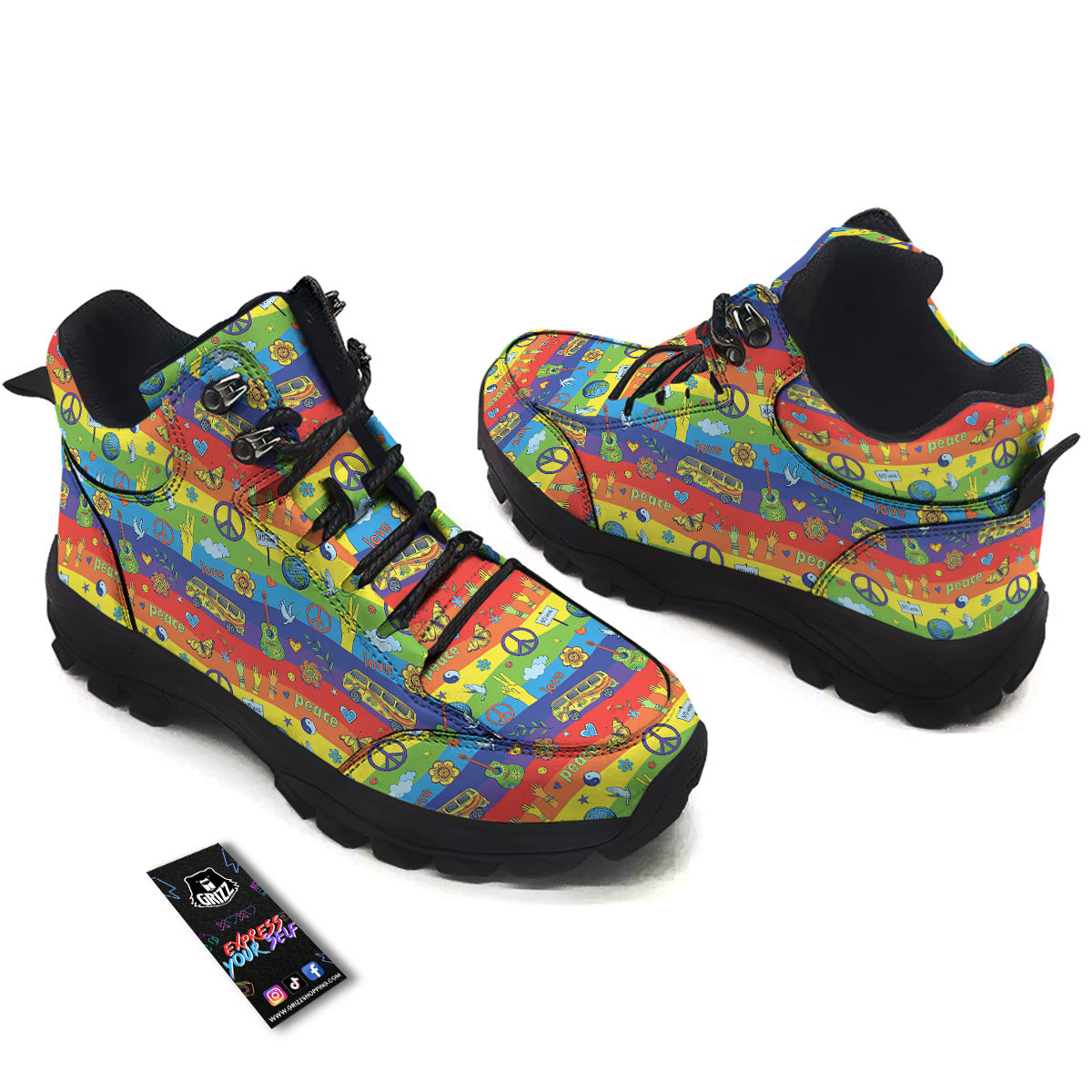 Hippie Drawing Psychedelic Wave Print Pattern Hiking Shoes-grizzshop