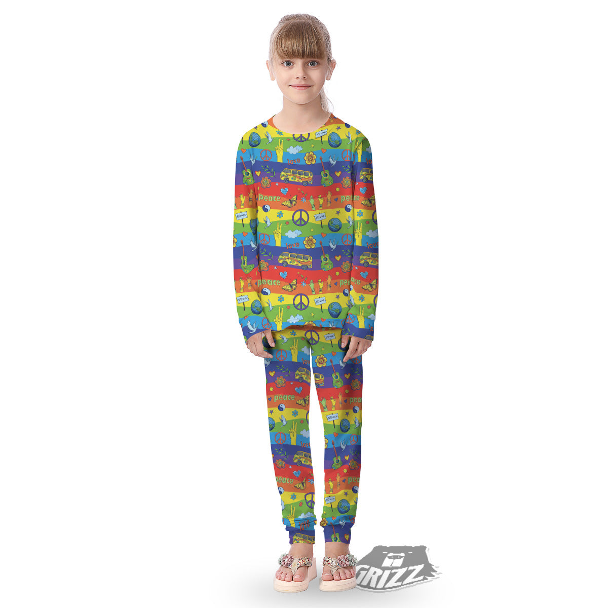 Hippie Drawing Psychedelic Wave Print Pattern Kid's Pajamas-grizzshop