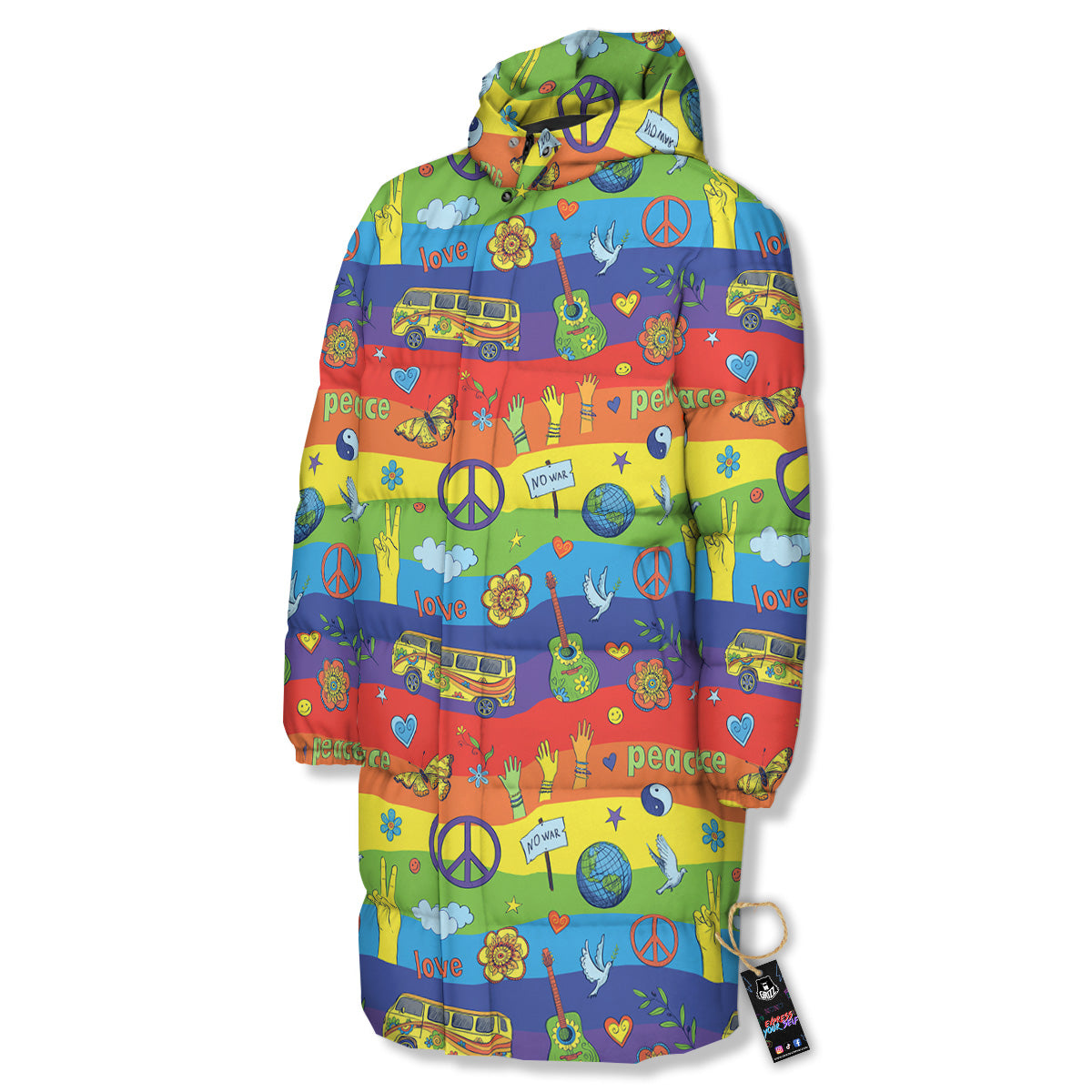 Hippie Drawing Psychedelic Wave Print Pattern Long Down Jacket-grizzshop