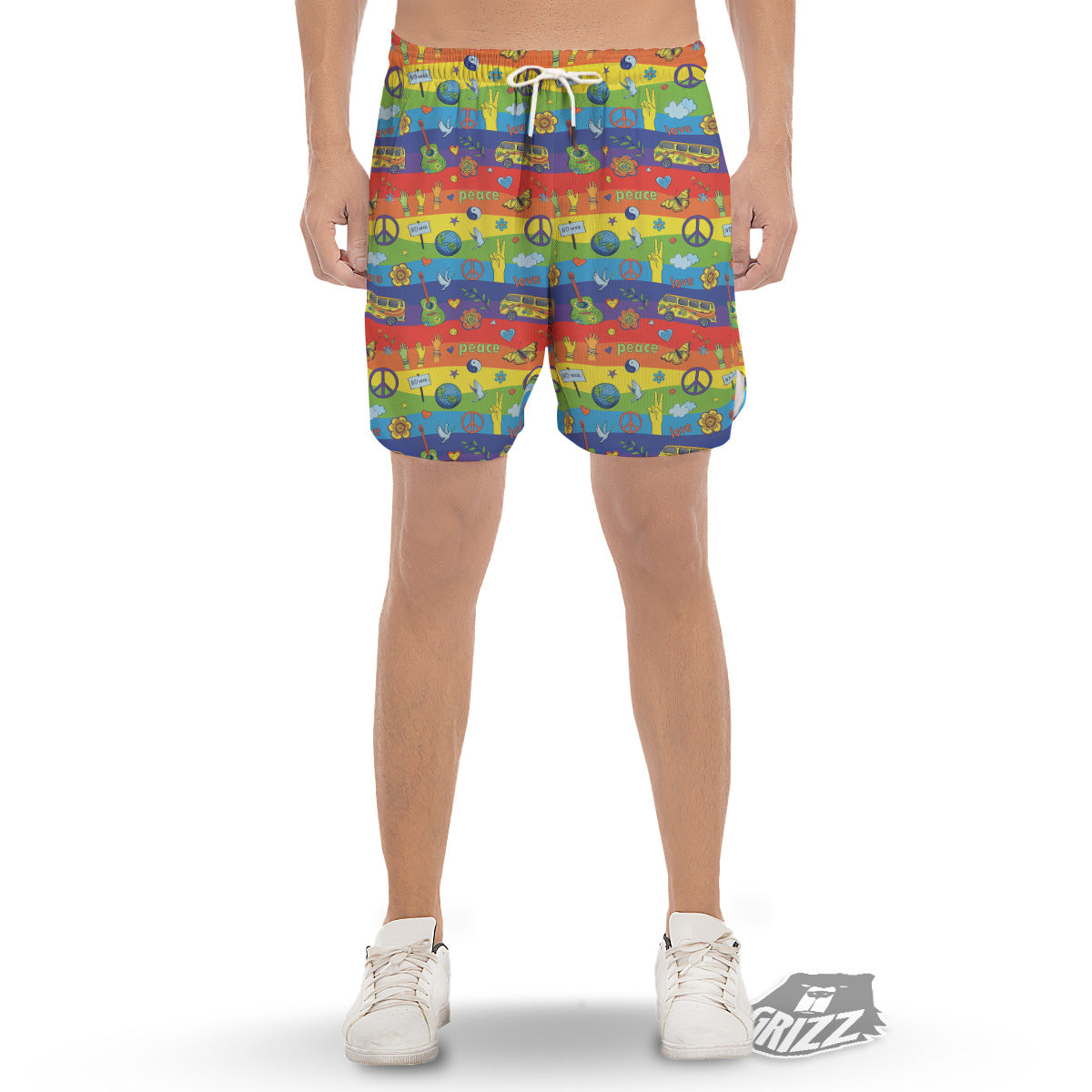 Hippie Drawing Psychedelic Wave Print Pattern Men's Gym Shorts-grizzshop