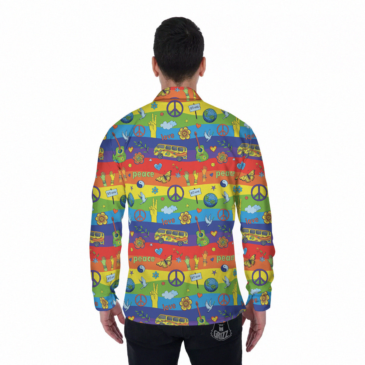 Hippie Drawing Psychedelic Wave Print Pattern Men's Long Sleeve Shirts-grizzshop