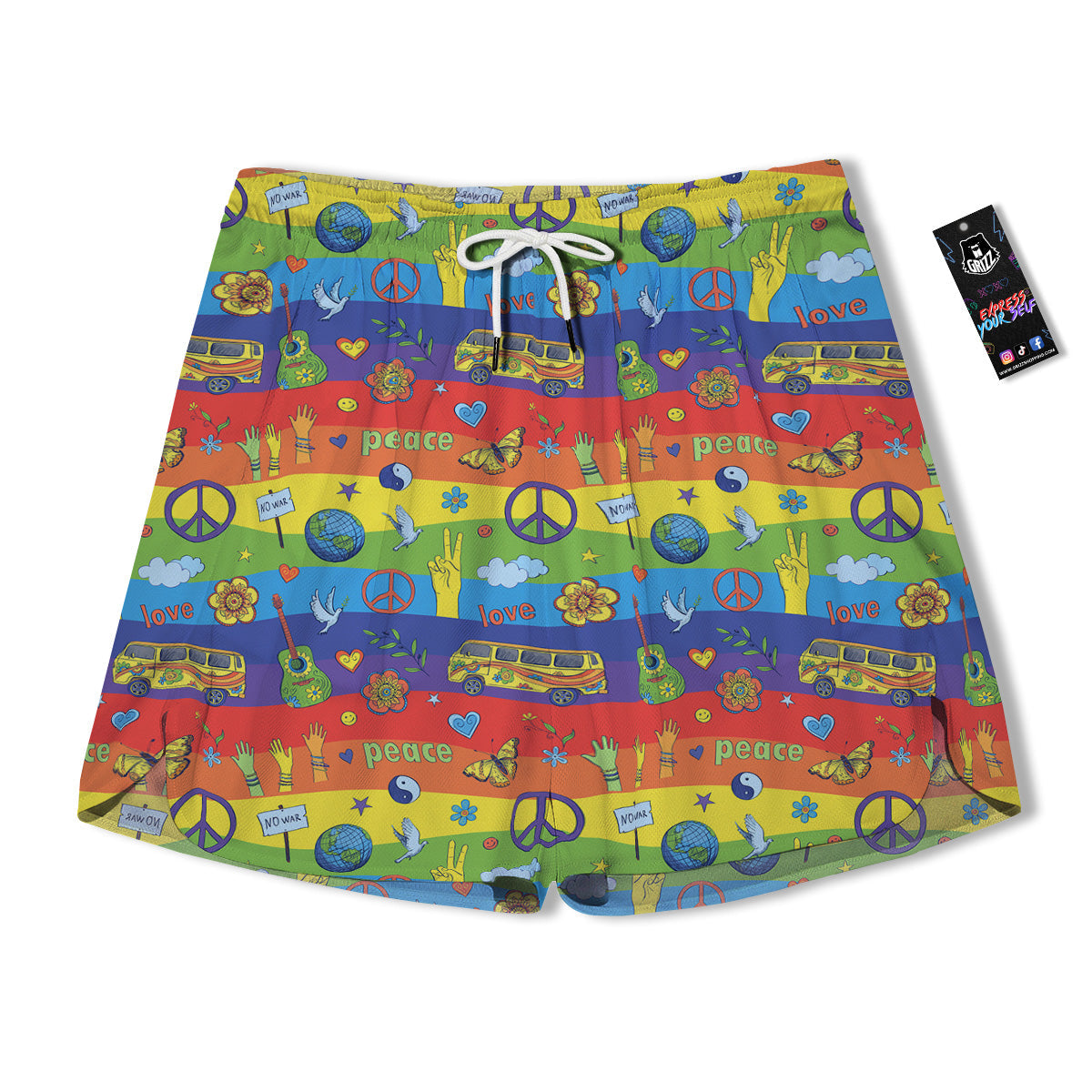 Hippie Drawing Psychedelic Wave Print Pattern Men's Running Shorts-grizzshop