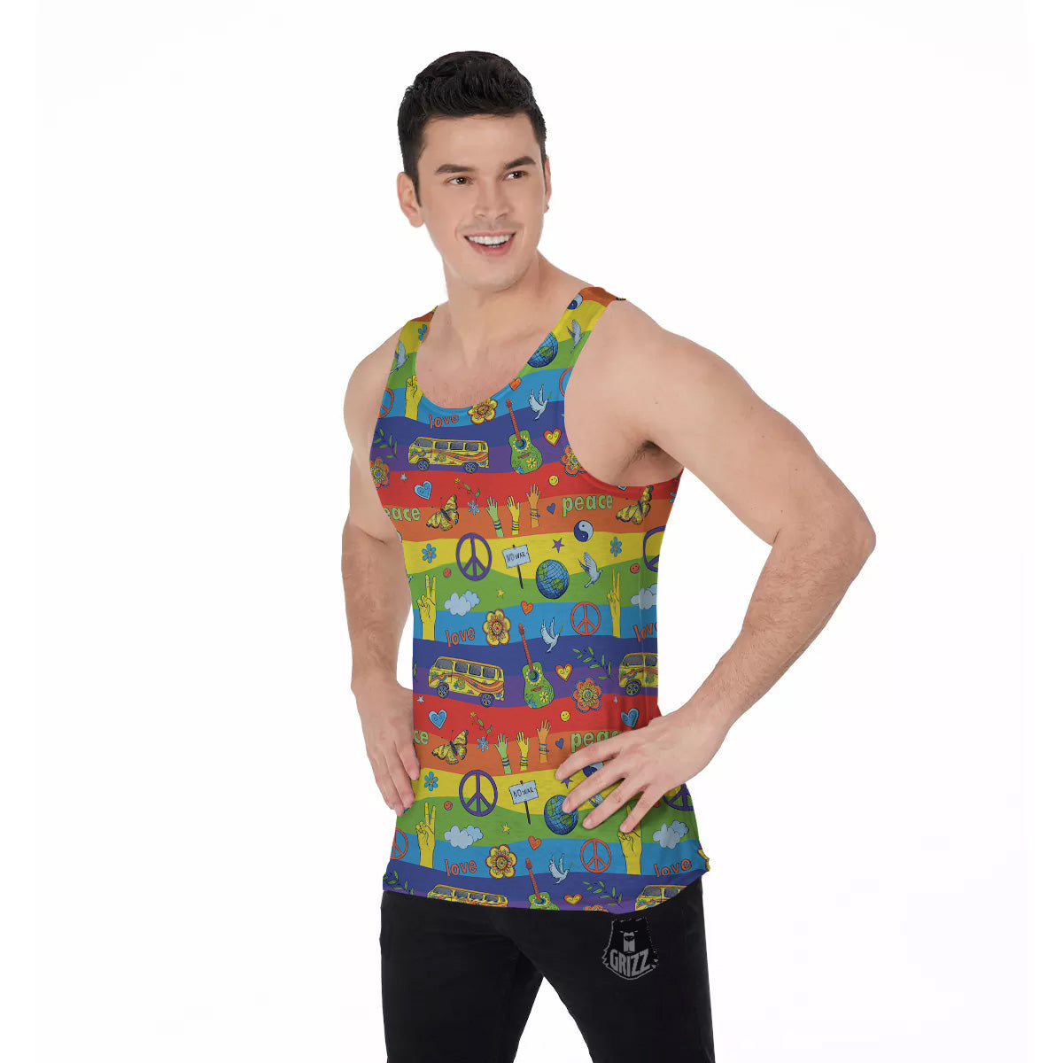 Hippie Drawing Psychedelic Wave Print Pattern Men's Tank Top-grizzshop