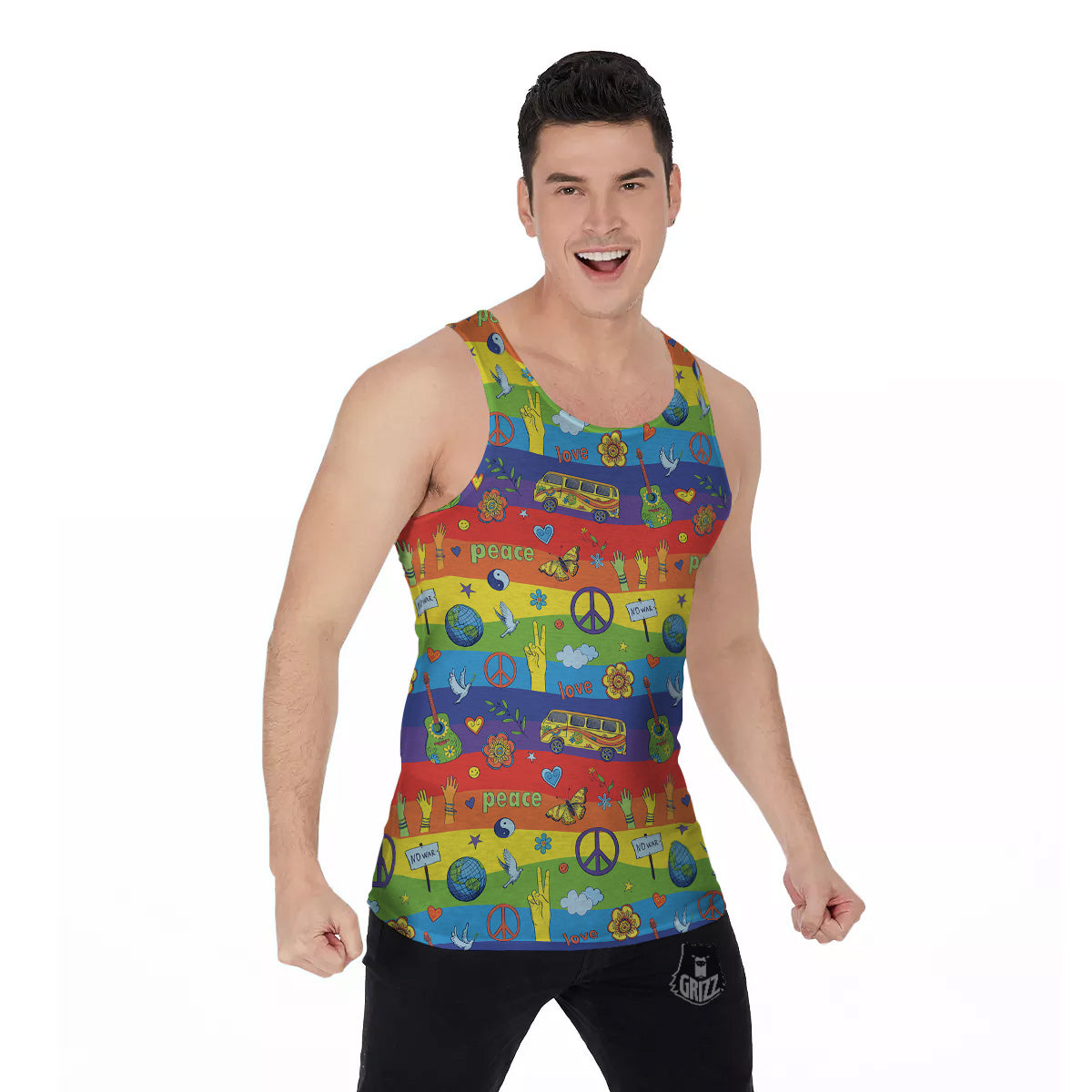 Hippie Drawing Psychedelic Wave Print Pattern Men's Tank Top-grizzshop