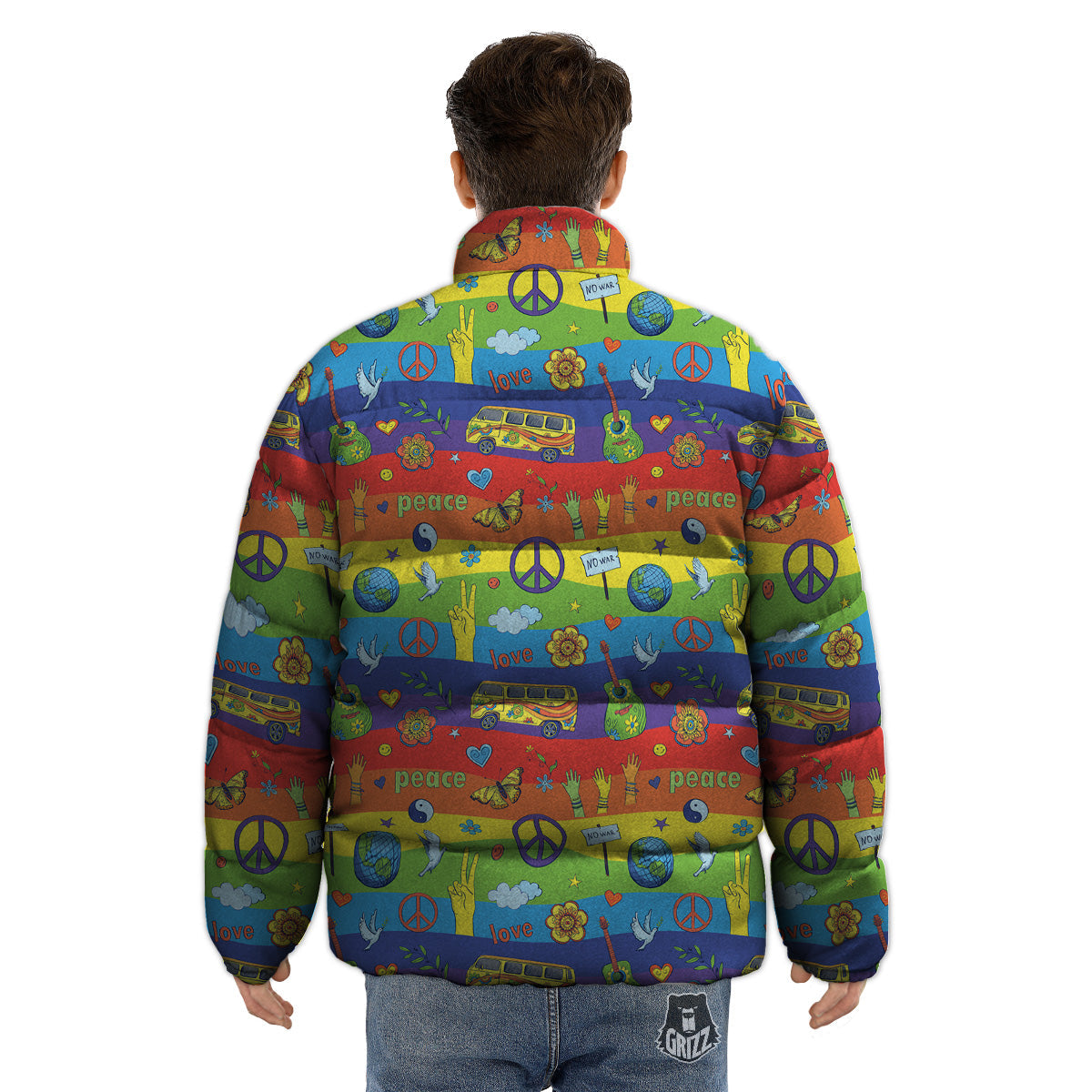 Hippie Drawing Psychedelic Wave Print Pattern Puffer Jacket-grizzshop