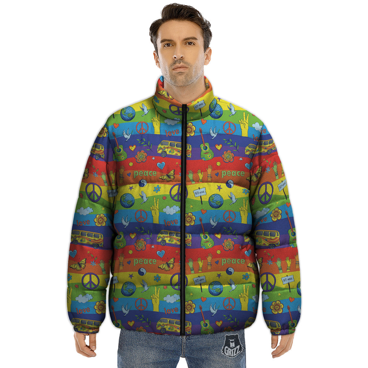 Hippie Drawing Psychedelic Wave Print Pattern Puffer Jacket-grizzshop