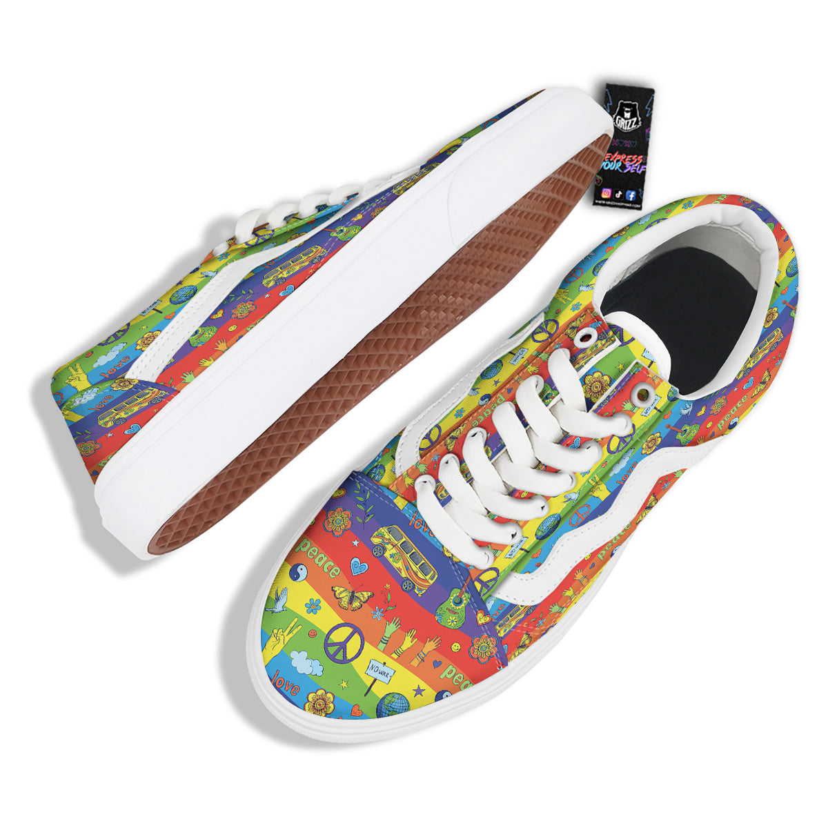 Hippie Drawing Psychedelic Wave Print Pattern Skate Shoes-grizzshop