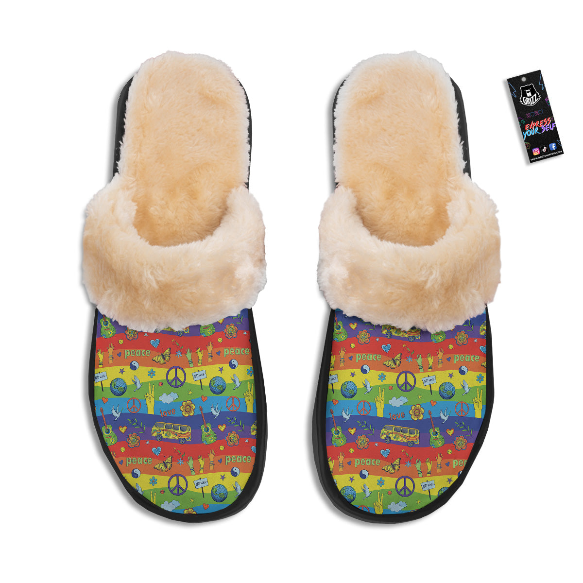 Hippie Drawing Psychedelic Wave Print Pattern Slippers-grizzshop