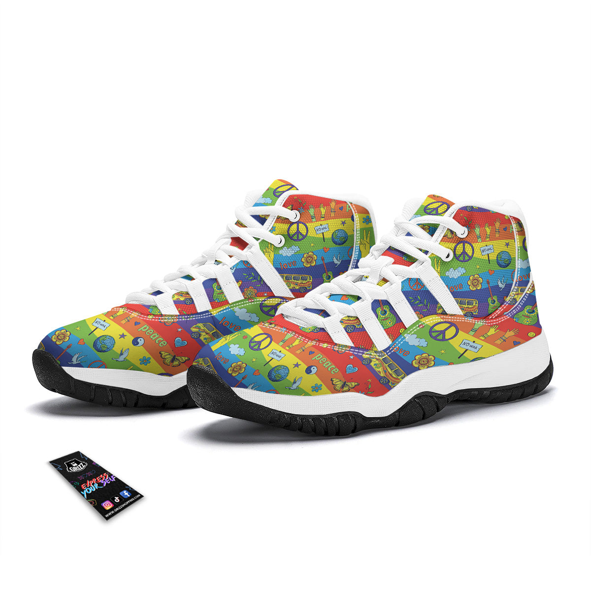 Hippie Drawing Psychedelic Wave Print Pattern White Bball Shoes-grizzshop
