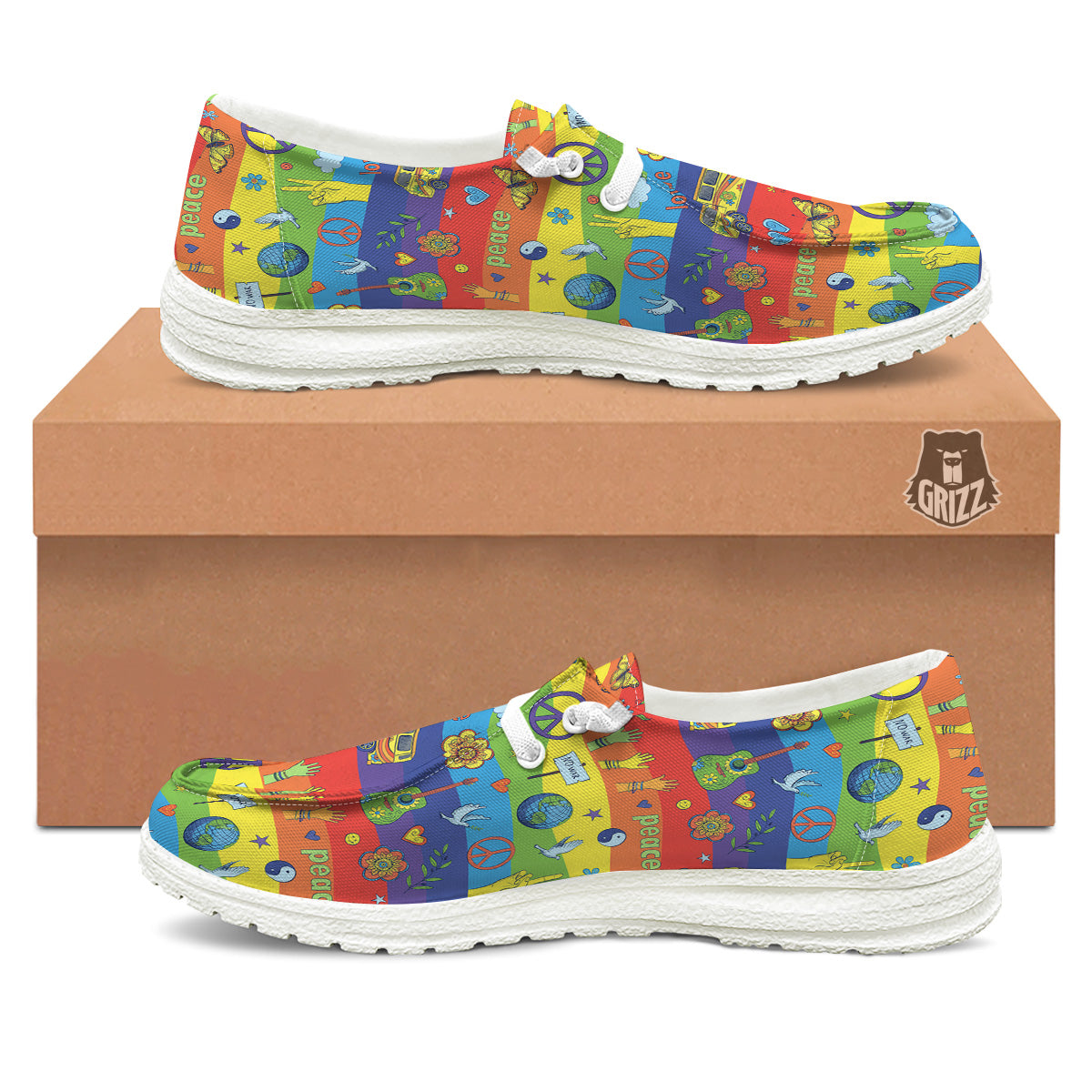 Hippie Drawing Psychedelic Wave Print Pattern White Loafers-grizzshop