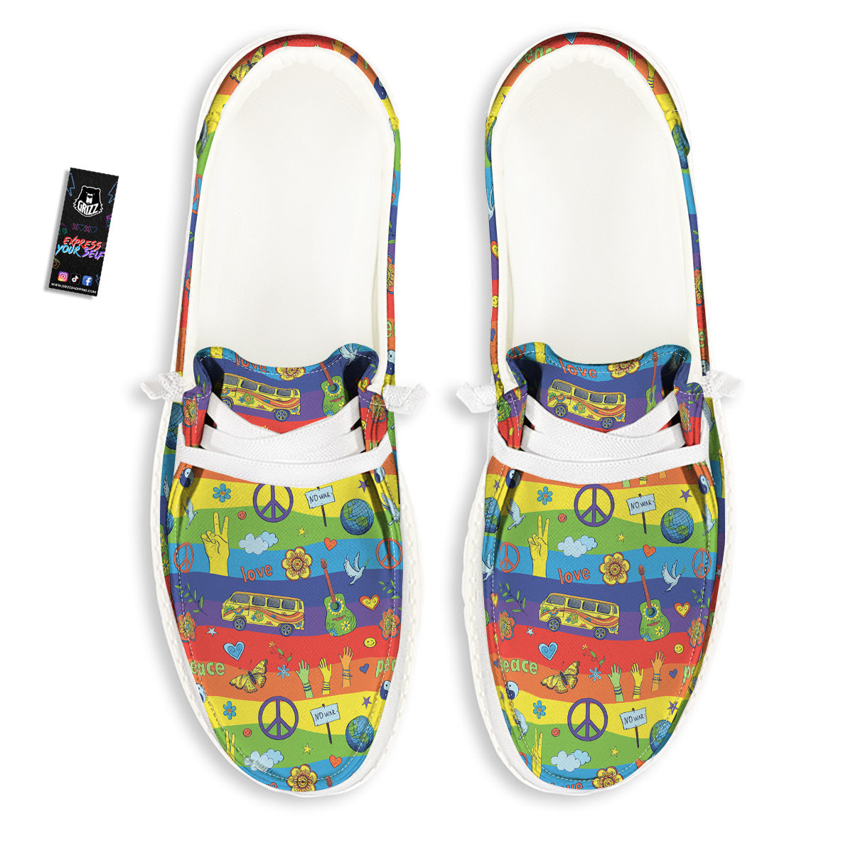 Hippie Drawing Psychedelic Wave Print Pattern White Loafers-grizzshop