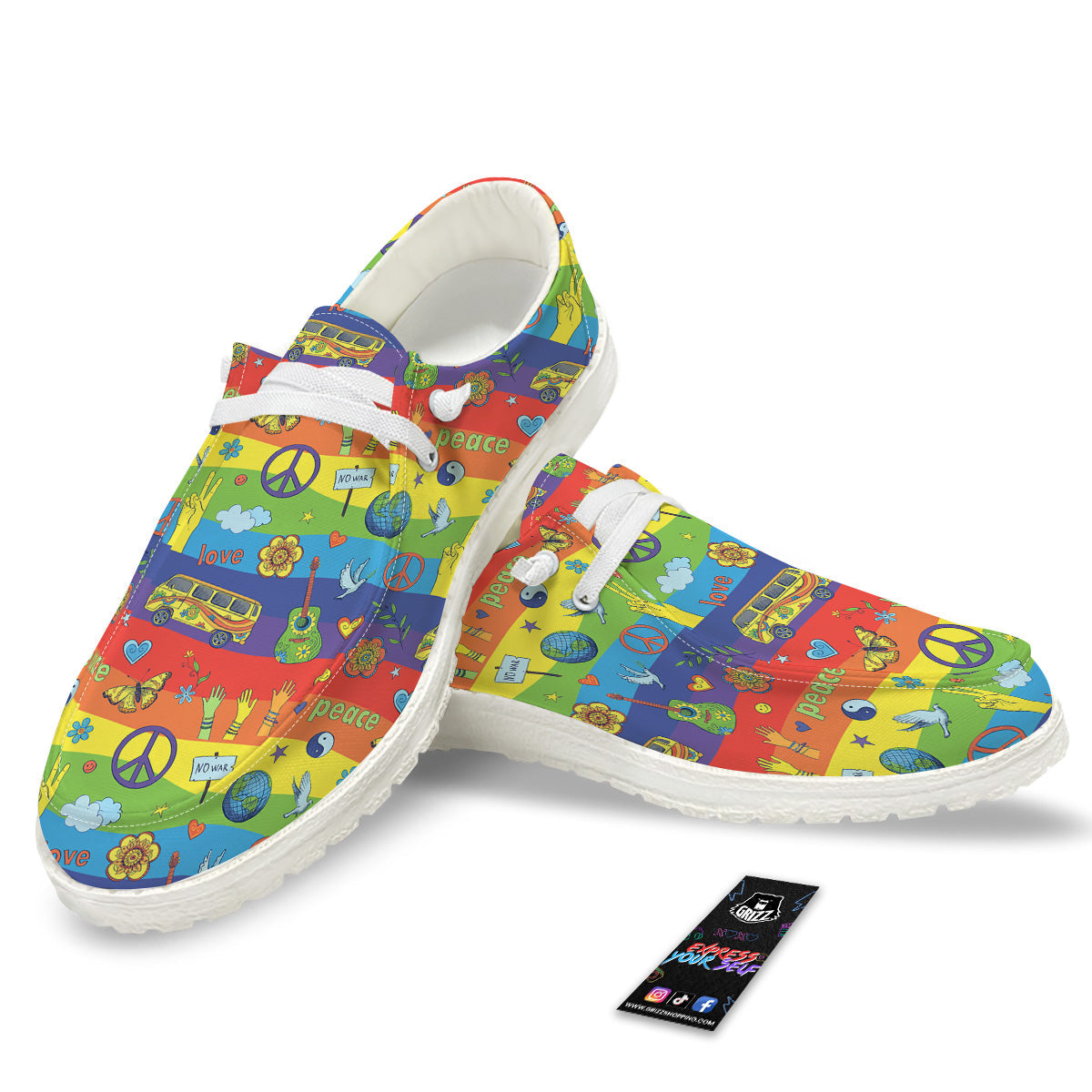 Hippie Drawing Psychedelic Wave Print Pattern White Loafers-grizzshop