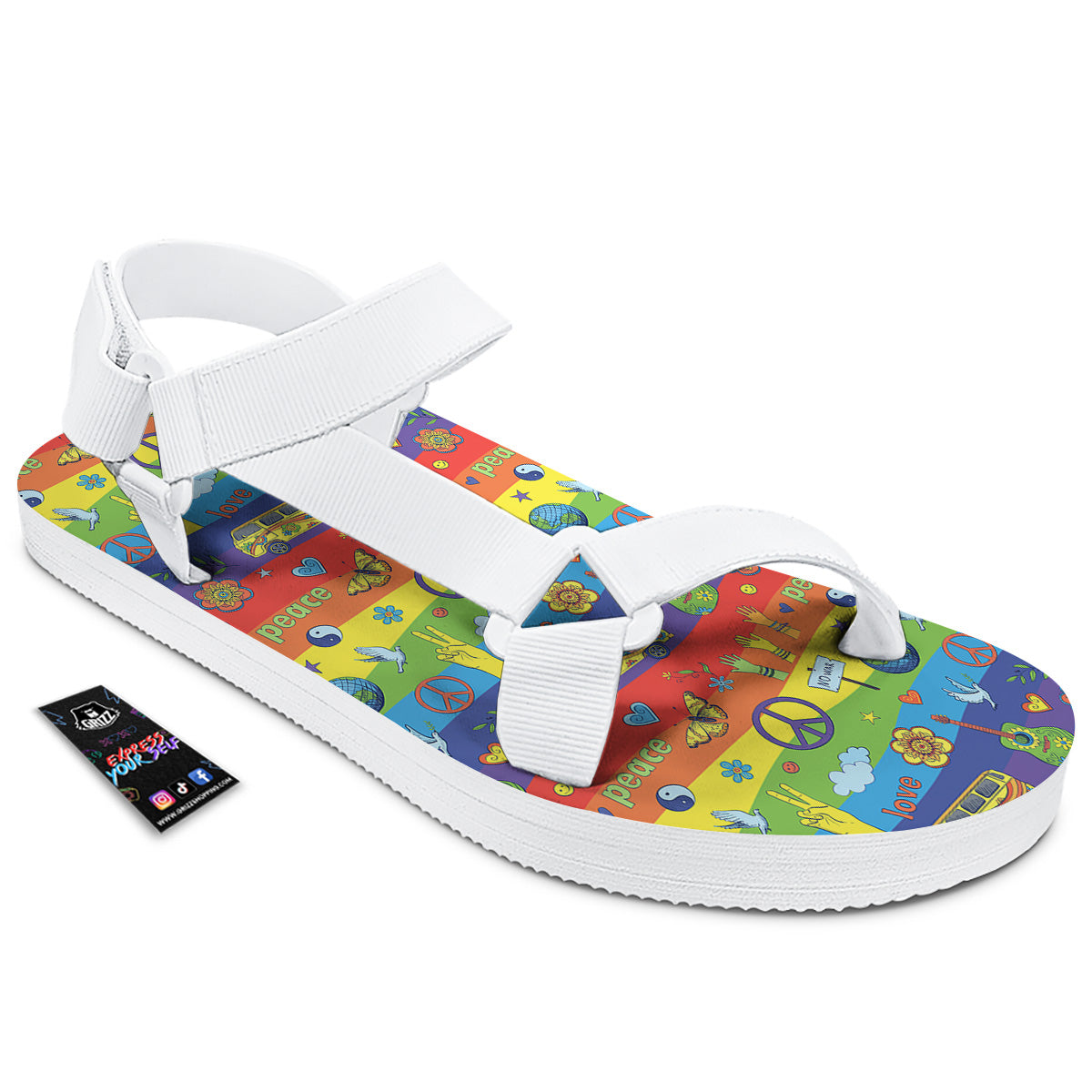 Hippie Drawing Psychedelic Wave Print Pattern White Open Toe Sandals-grizzshop