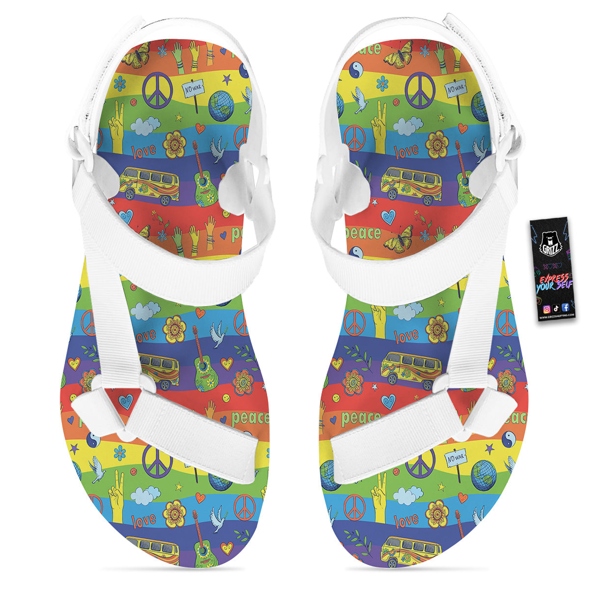 Hippie Drawing Psychedelic Wave Print Pattern White Open Toe Sandals-grizzshop