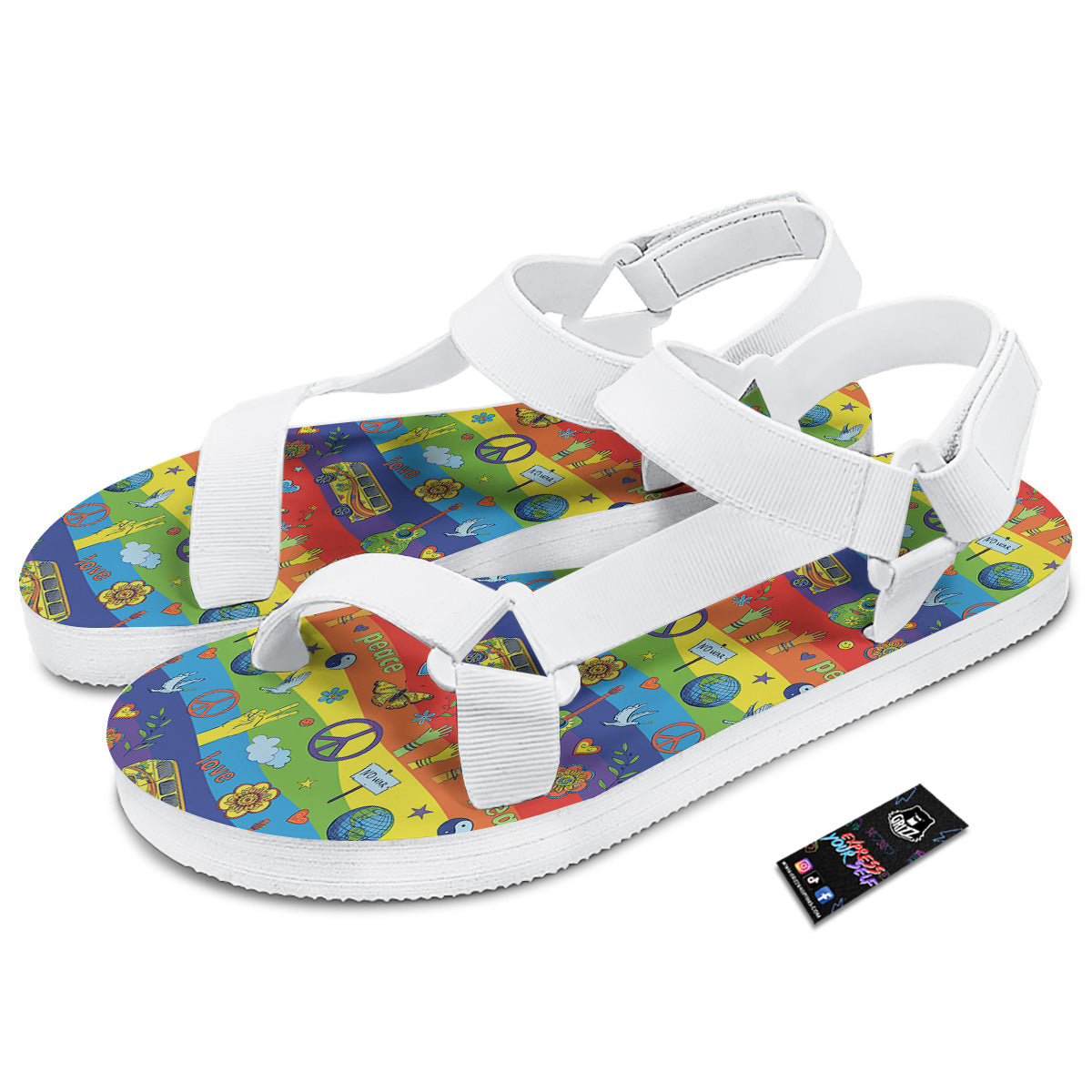 Hippie Drawing Psychedelic Wave Print Pattern White Open Toe Sandals-grizzshop