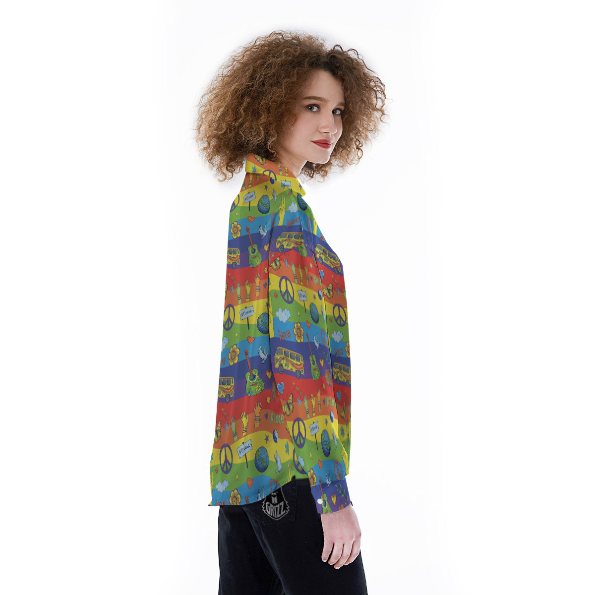 Hippie Drawing Psychedelic Wave Print Pattern Women's Long Sleeve Shirts-grizzshop