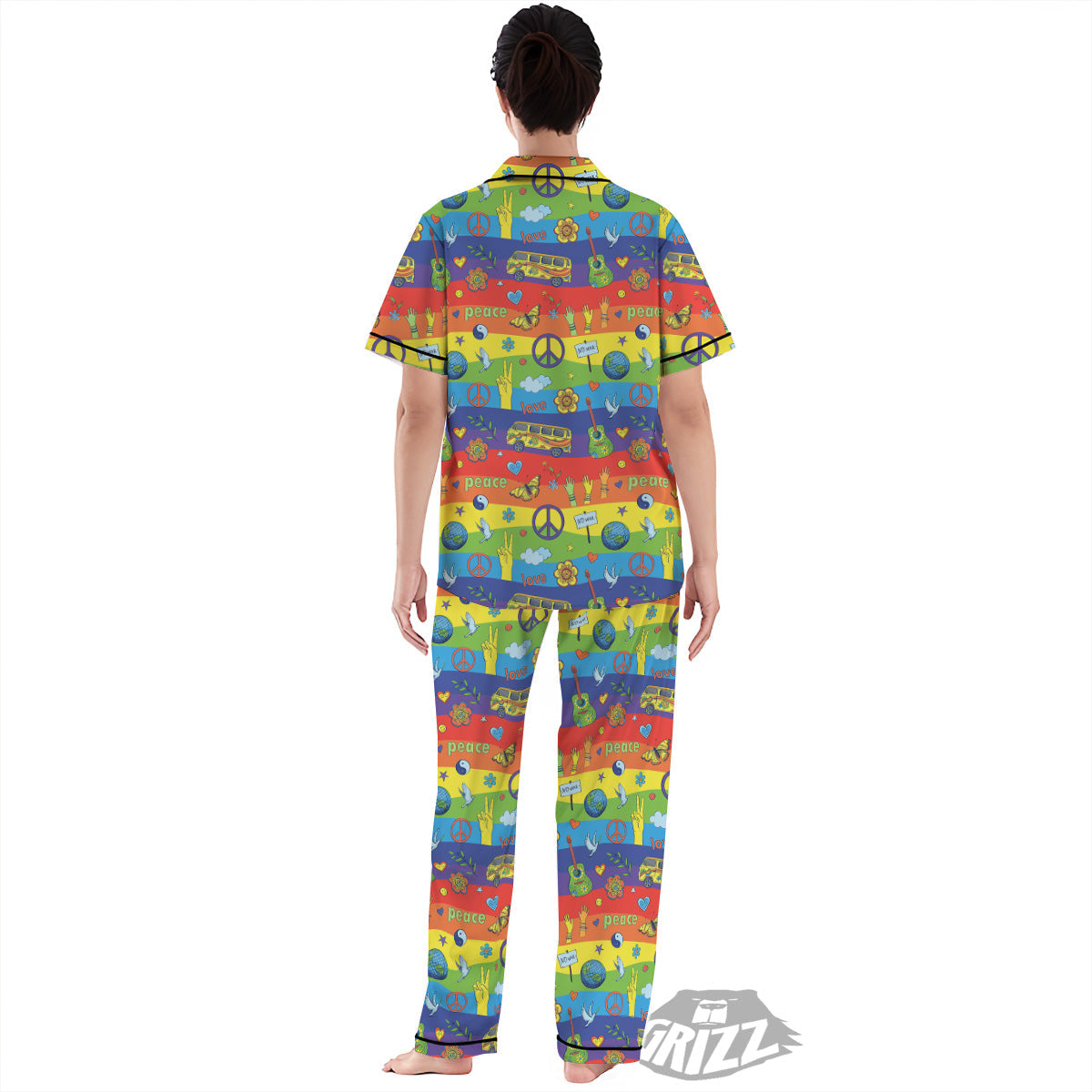 Hippie Drawing Psychedelic Wave Print Pattern Women's Pajamas Set-grizzshop