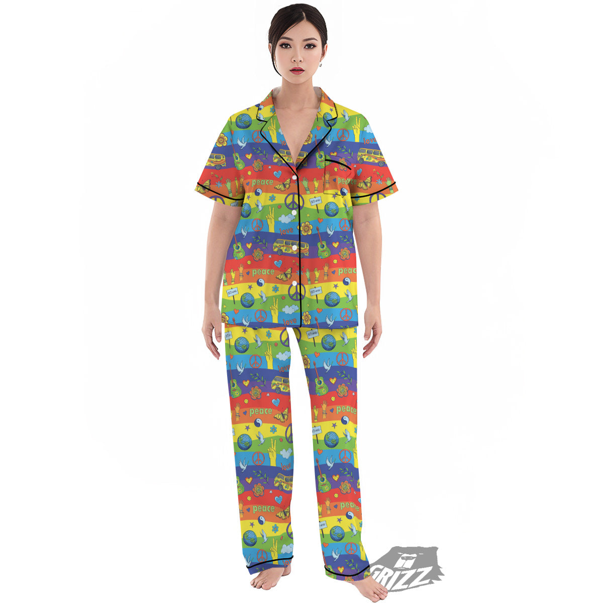 Hippie Drawing Psychedelic Wave Print Pattern Women's Pajamas Set-grizzshop
