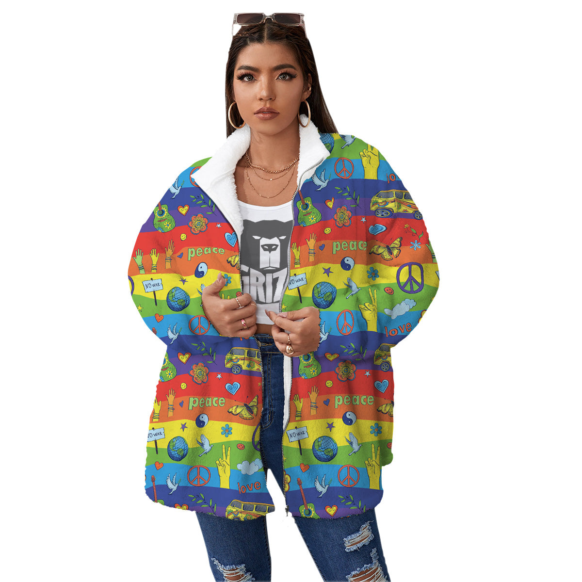 Hippie Drawing Psychedelic Wave Print Pattern Women's Sherpa Jacket-grizzshop