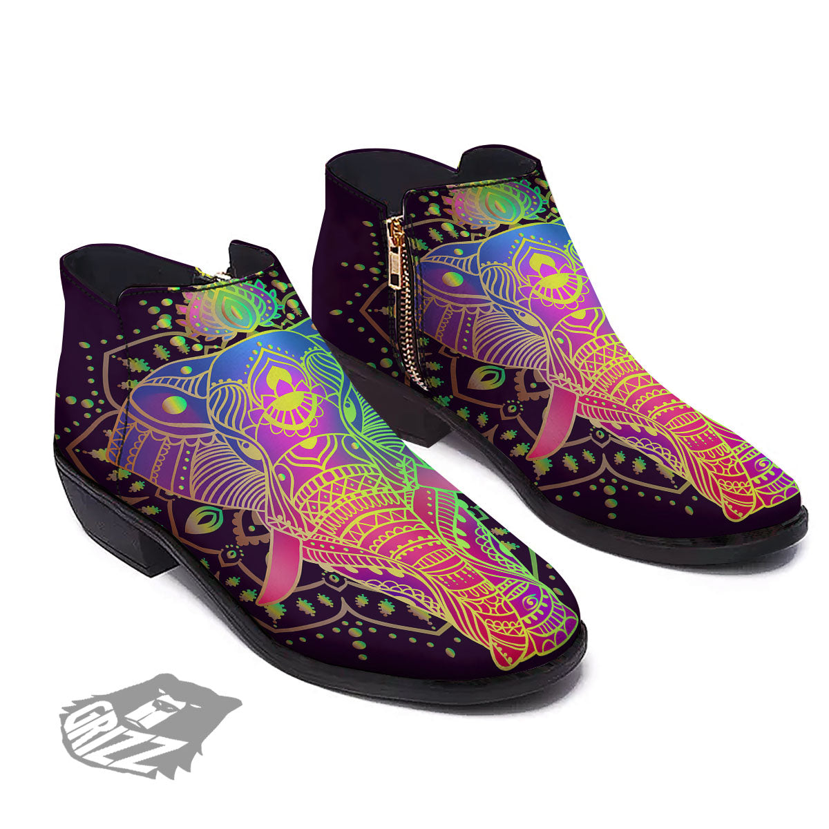 Hippie Elephant Indian Boho Print Ankle Boots-grizzshop