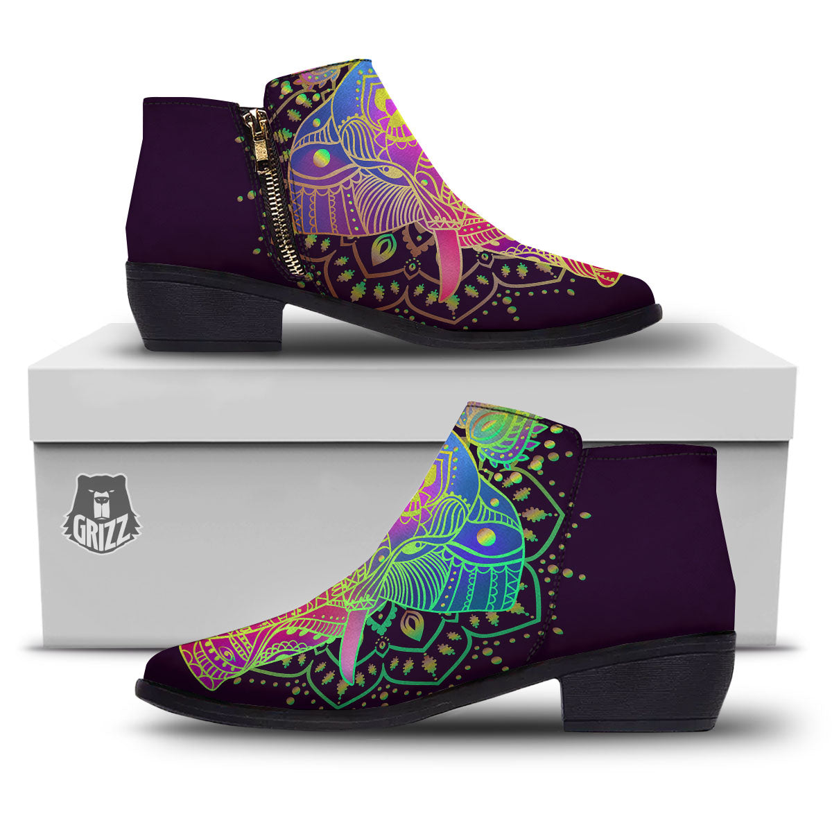Hippie Elephant Indian Boho Print Ankle Boots-grizzshop