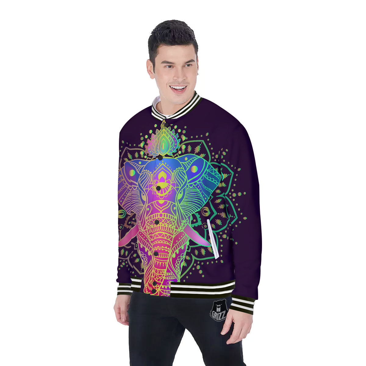 Hippie Elephant Indian Boho Print Baseball Jacket-grizzshop
