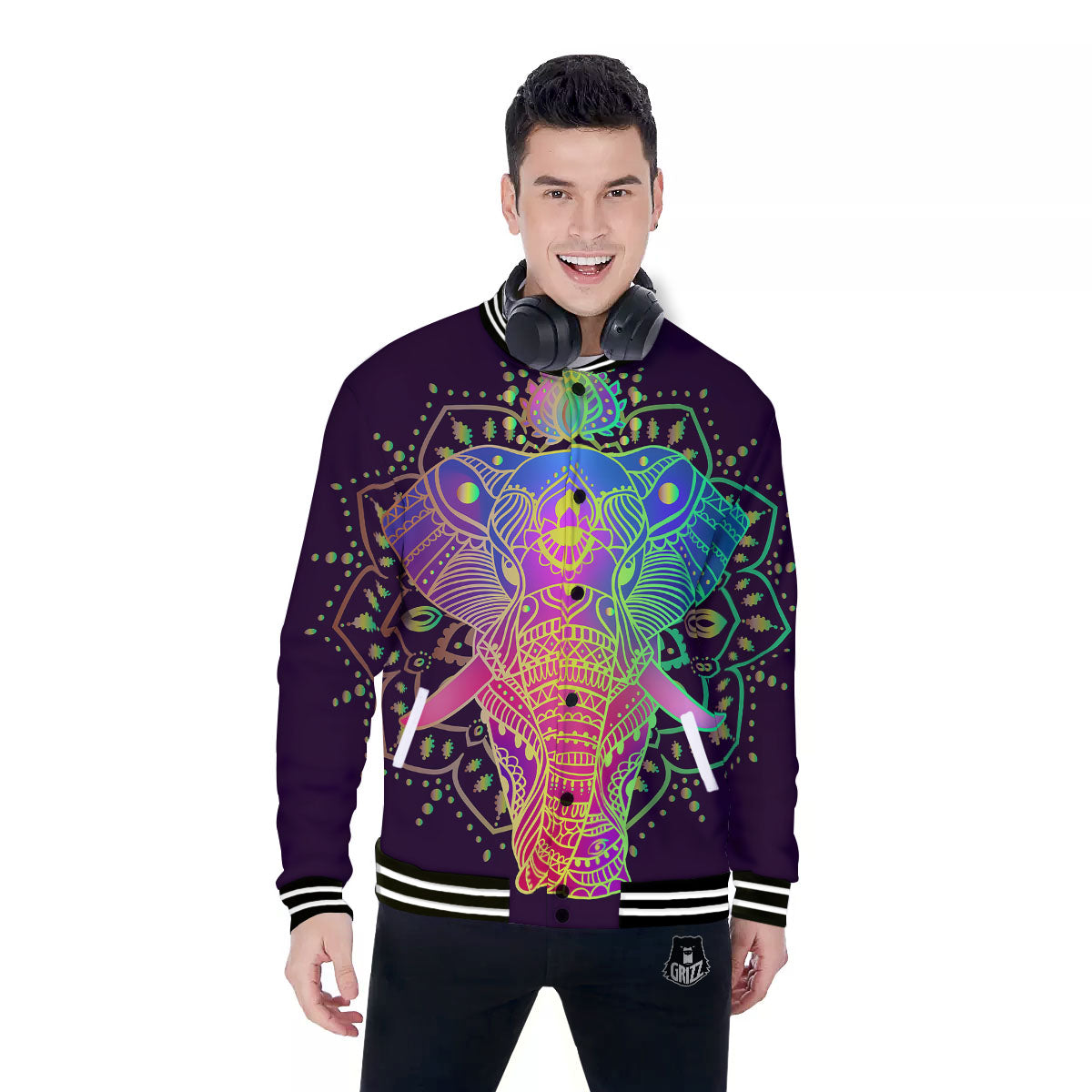 Hippie Elephant Indian Boho Print Baseball Jacket-grizzshop